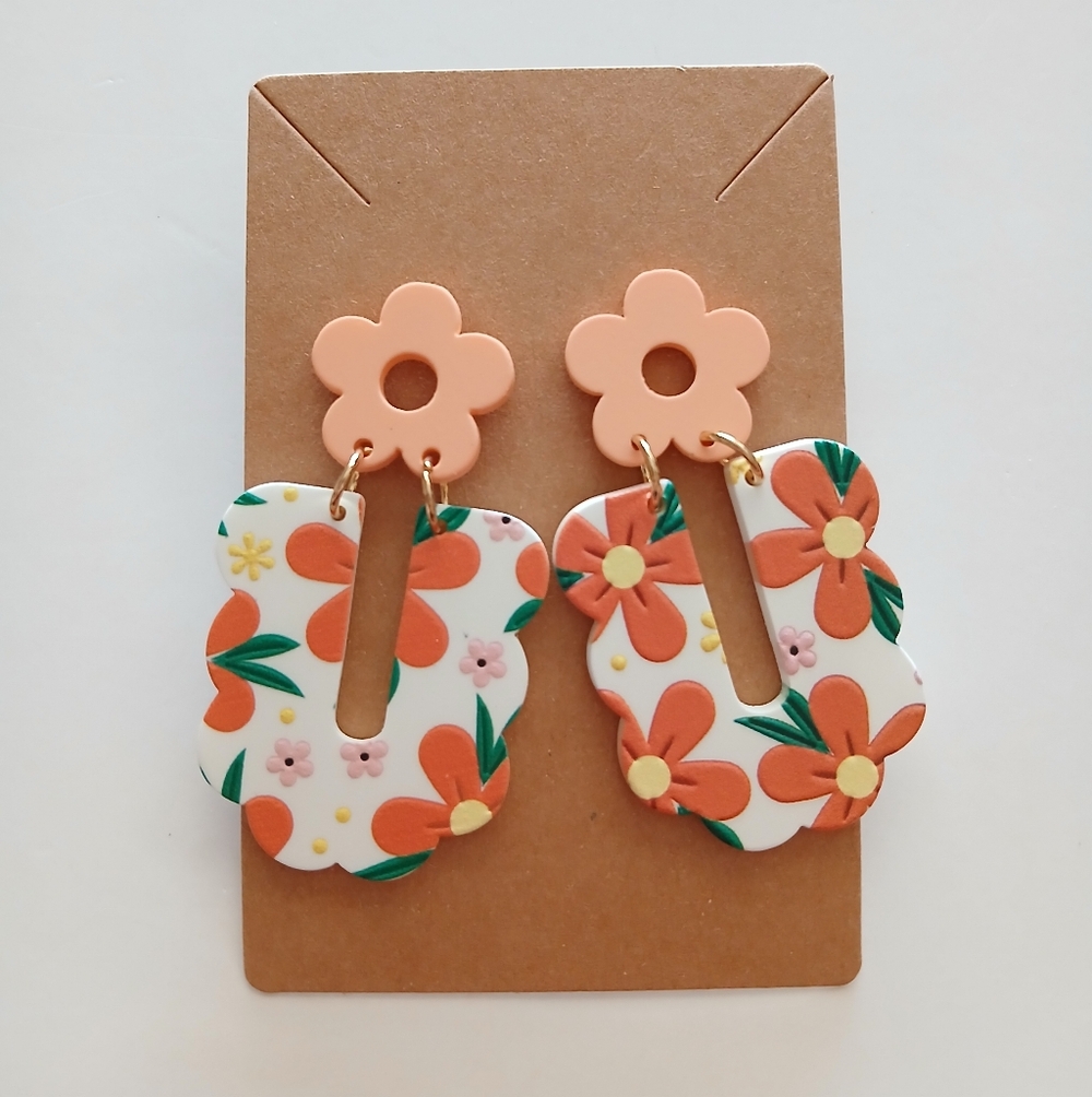 Fashion Jewelry Floral Earrings - Orange and White